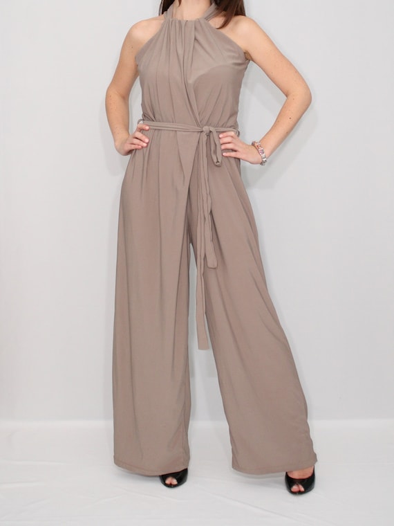 Wide Leg Jumpsuit Palazzo Jumpsuit in Taupe by KSclothing on Etsy