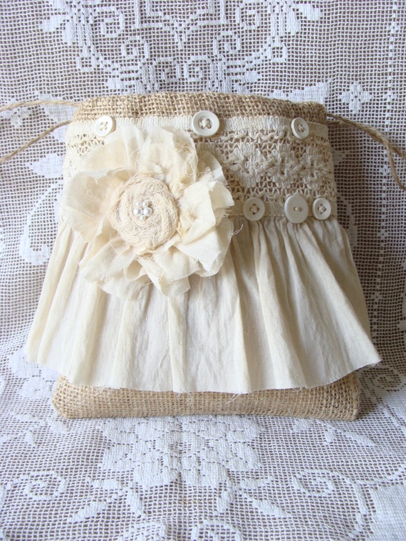 Burlap and Lace Dollar Dance Bag Burlap Wedding Bag Brides Purse Flower Girl Bag Handmade Fabric Flower Ruffle Market Tote