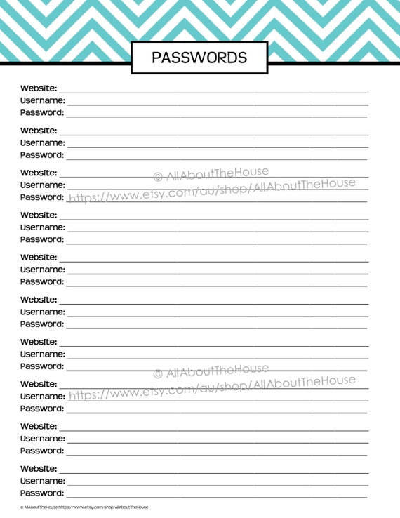 Password log Chevron printable checklist perpetual PDF