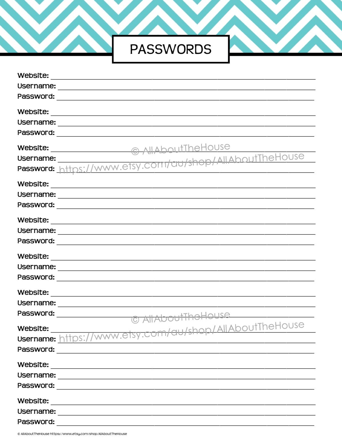 Password log Chevron printable checklist perpetual PDF