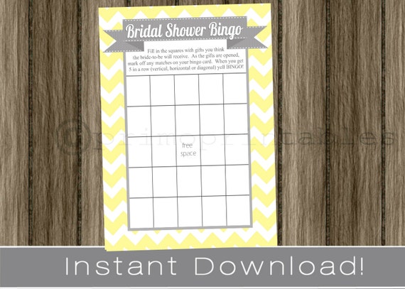BRIDAL Shower Bingo Game Cards / yellow and gray / chevron / INSTANT DOWNLOAD / diy digital printable file / print your own Il_570xn