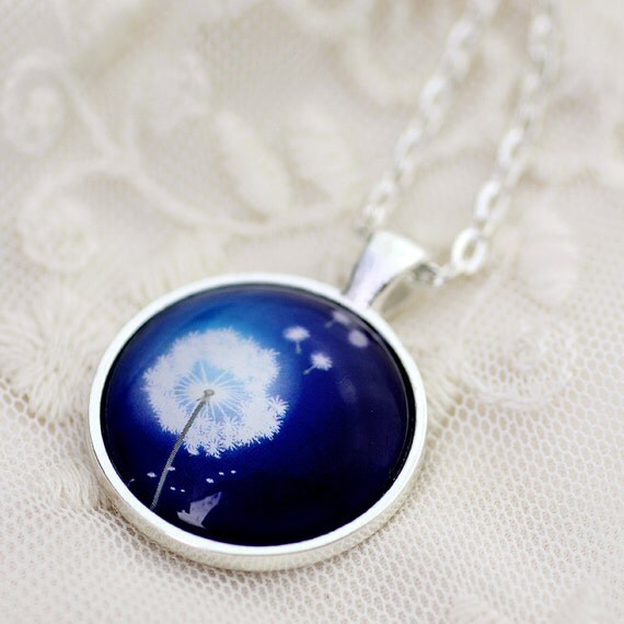 FREE SHIPPING Dandelion on Vibrant Blue. Make a Wish glass necklace.