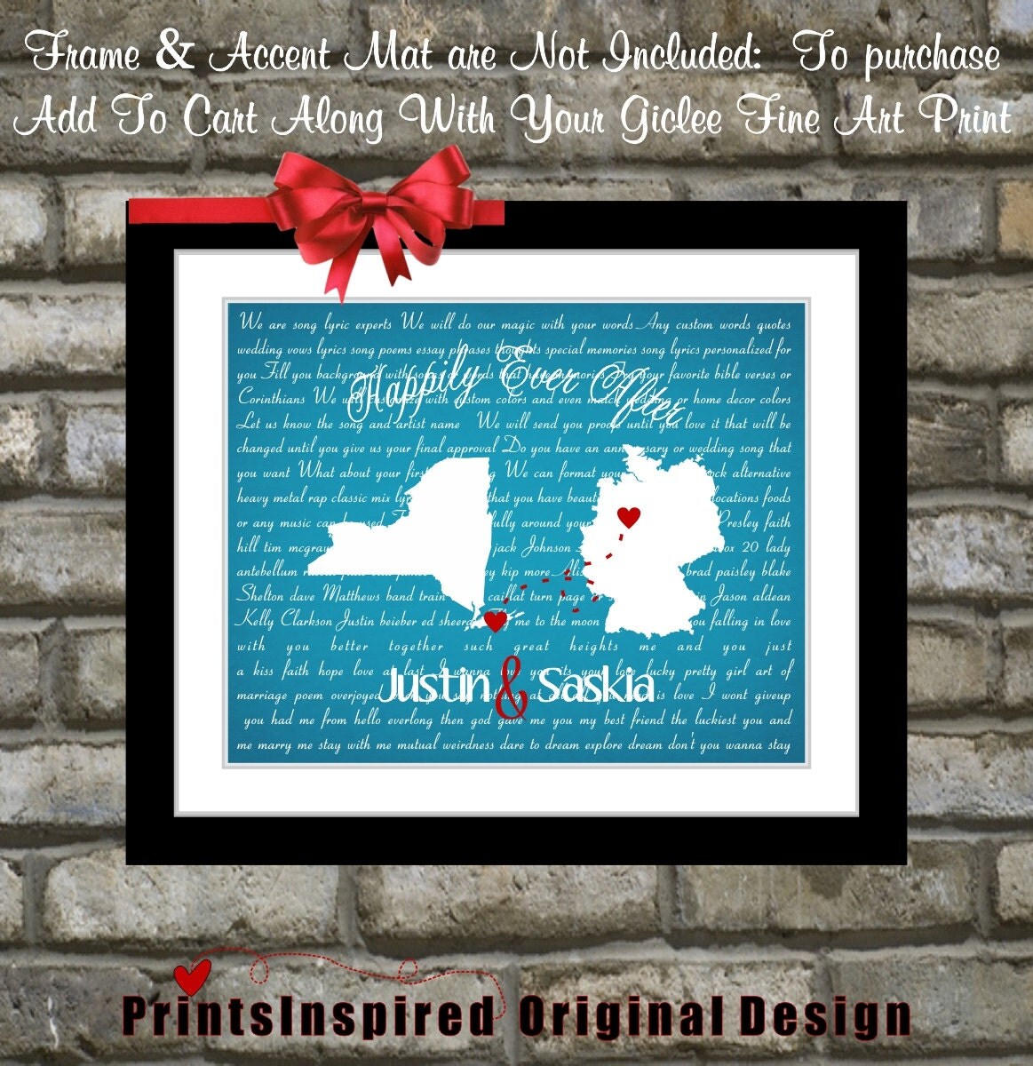 Wedding Song Lyrics: Two States Countries Maps Names 1st Dance Song Wedding Shower Present Gift for New Married Couple Print Wall Decor 8x10