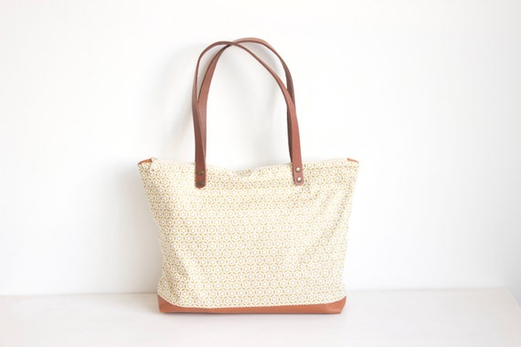 Gold pattern linen and leather tote bag, Natural purse
