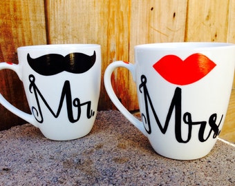 His and Her, Mr. and Mrs. Lip and Mustache Coffee Mugs Wedding Gift Anniversary Gift Valentines Gift