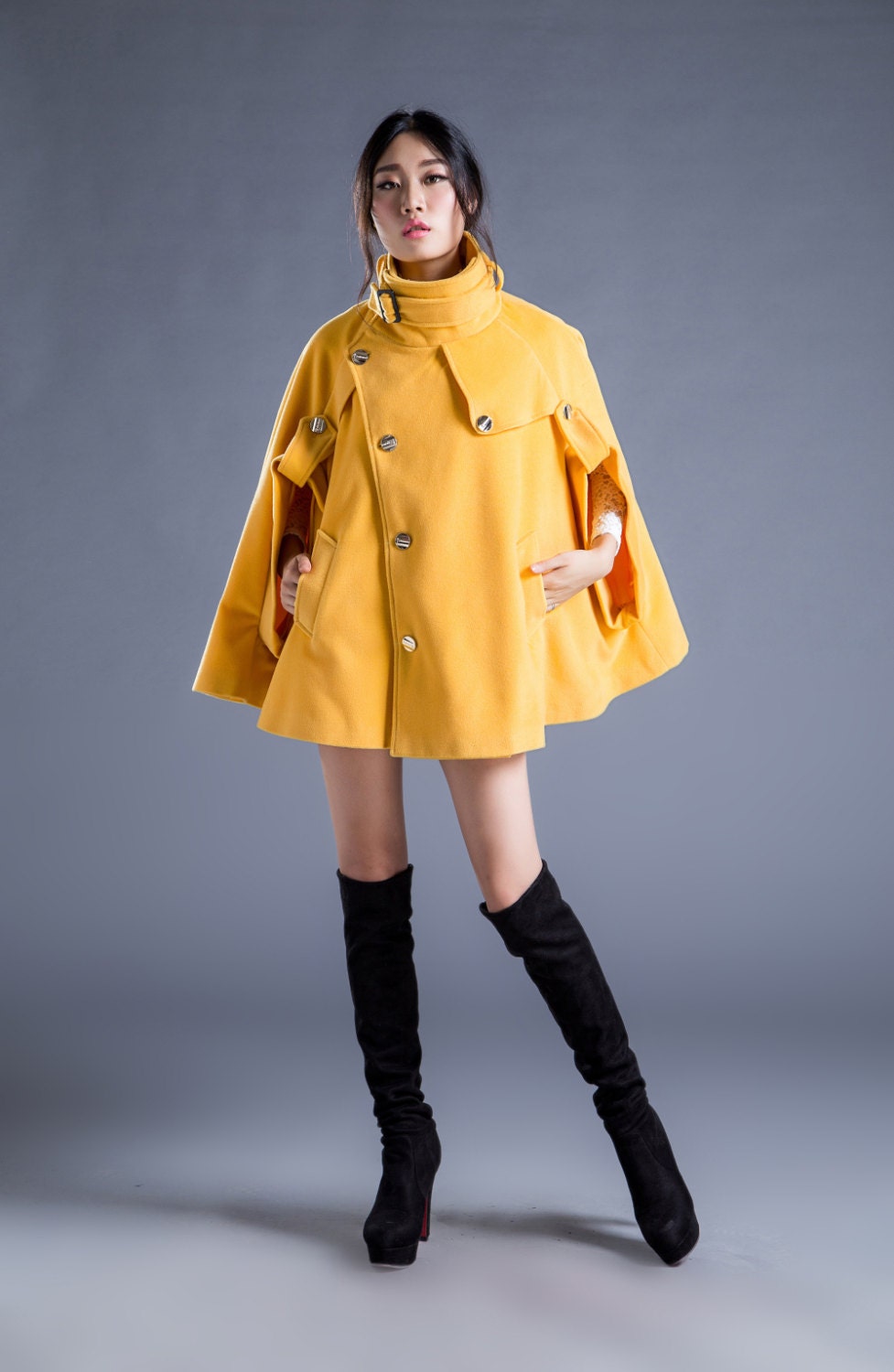 Yellow Women Wool Cape Coat With Belted Closure by Lantingstyle