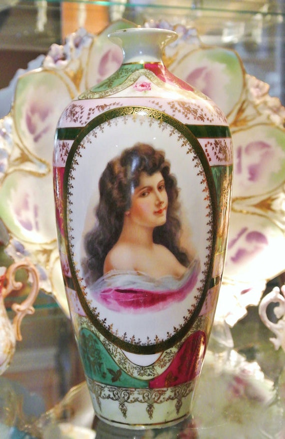 Antique Austria Porcelain Portait Vase 1800s Vase Porcelain Hand Painted Austria Austrian Beehive Mark Art Nouveau Victorian Cottage Home