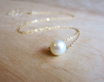 Single Pearl Necklace - 14k Gold or Sterling Silver - Fresh Water Pearl Necklace - June Birthstone - Bridal Necklace - Simple Delicate Thin