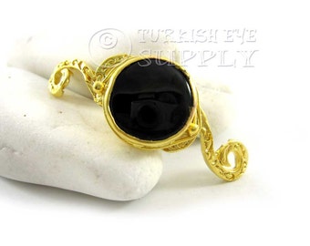 Black Jade Gemstone Spiral Curved Bar Bracelet Focal Connector, Matte 22K Gold Plated Turkish Jewelry