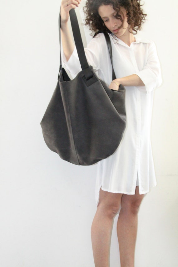 Dark Grey Leather Handbag Leather Travel Bag Large Gray