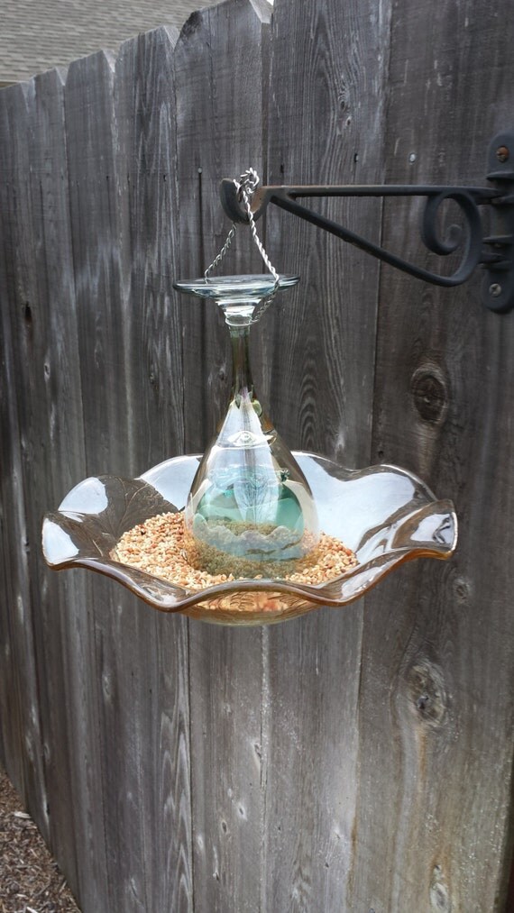 Amber and Blue glass hanging bird feeder by SingleMommyMadness