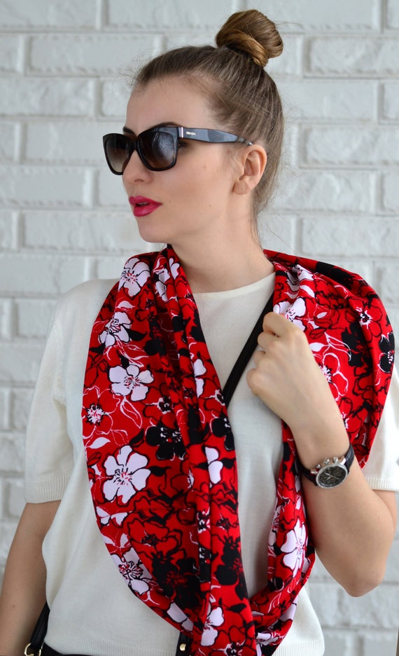 Flowers Scarf, Red Scarf, Red White Black Scarf, Floral Spring Scarf - Infinity Scarf