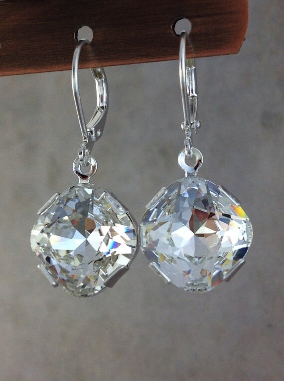 Clear crystal earrings. Silver leverback ear by GemsByKelley