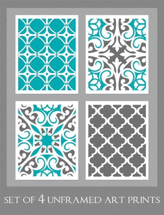 Items similar to Grey Turquoise Art, Modern Art, Wall Art, Set of 4 ...