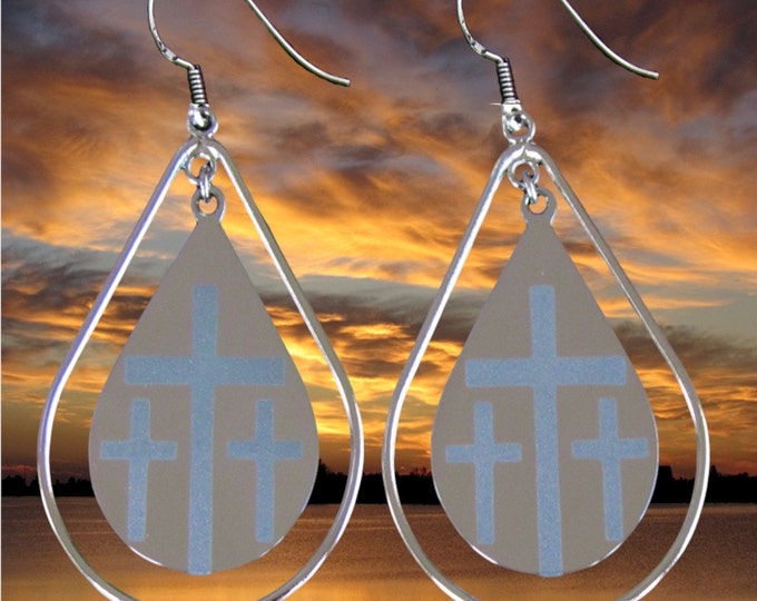 Silver Calvary 3 Cross Teardrop Hoop Earrings Dangle Drop Womans Girls Christian Jewlery - Saint Michaels Jewelry - Calvary Three Cross