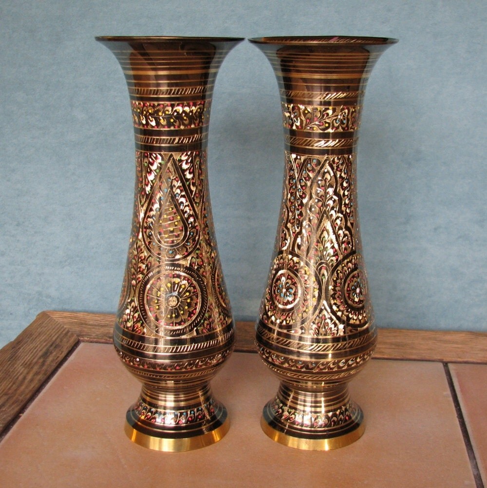 Pair of 10 Vintage Brass Vases with Painted & by PrimaTreasures