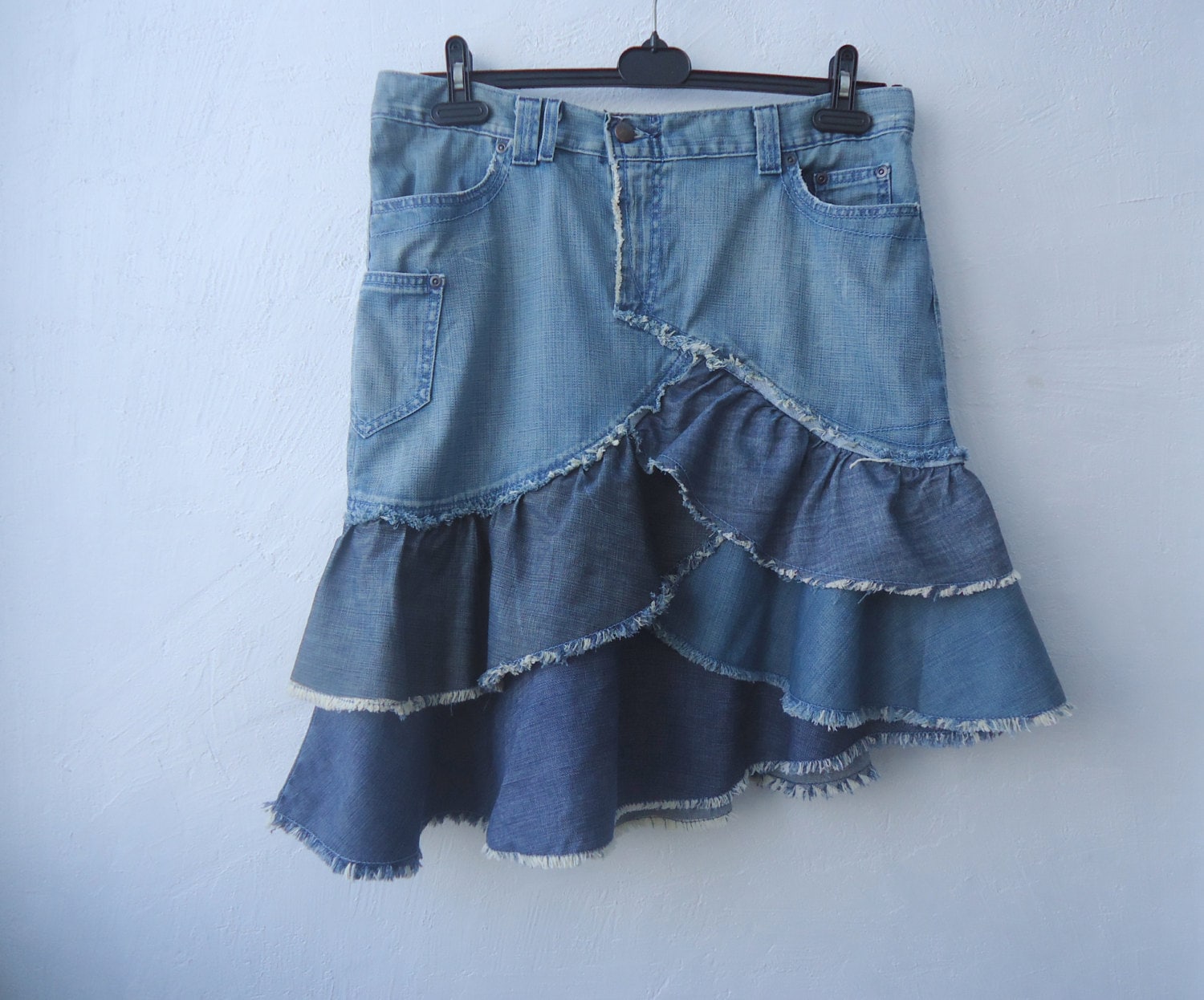 Blue Denim Ruffle Skirt Upcycled Jeans Three Tier by VintageAgency