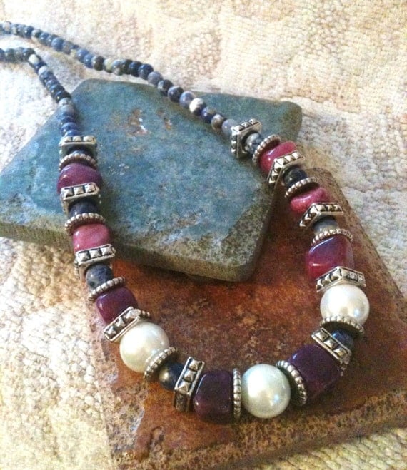 Chunky Burgundy Bead and Pearl Necklace by GrecoGirlJewelry