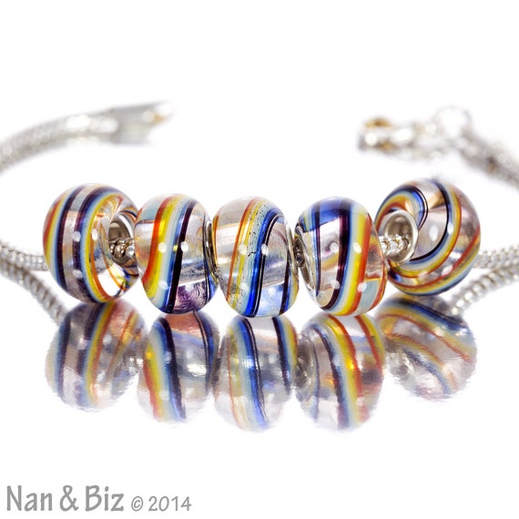 Hand blown Murano glass beads clear with blue orange by