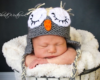 Knit Owl Hat, Crochet Sleeping Owl, Sleepy Owl Hat, Yellow Gray, Newborn Photo Prop, Baby Shower Gift, Baby Owl Hat, Owl Baby Shower Gift
