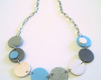 modern necklace - geometric necklace - wooden necklace in silver, blue, pearl - minimalist modern handmade jewelry