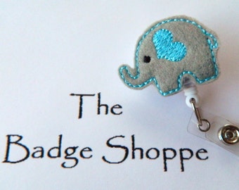 Gray Elephant with Baby Blue Heart on a Retractable ID Badge Holder (Option in gray and pink too)