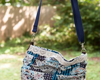 Navy and Cream Hobo Bag. Detachable, Adjustable Strap. Cotton and Lace. Large Carry All Purse. Abstract Floral and Stripes. Crossbody Bag.