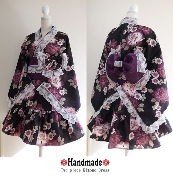 Japanese Kimono Dress Jacket washable Flower Lace black Dress