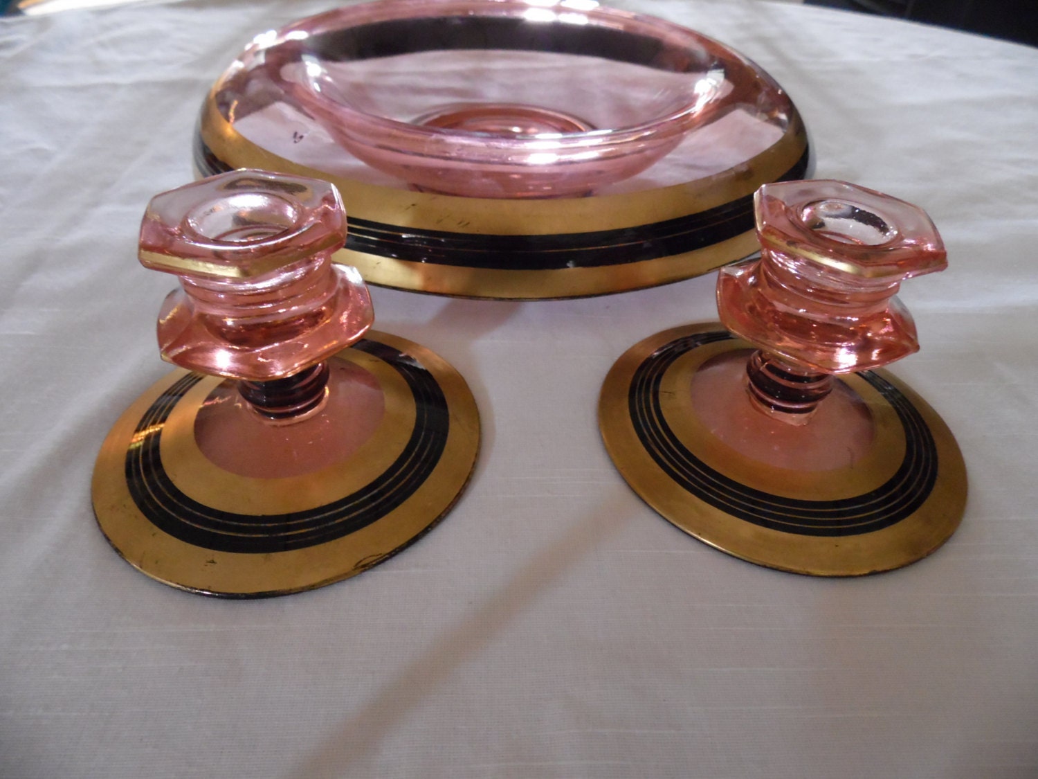 Vintage PINK DEPRESSION CONSOLE Bowl and Candle Holders with Gold trim