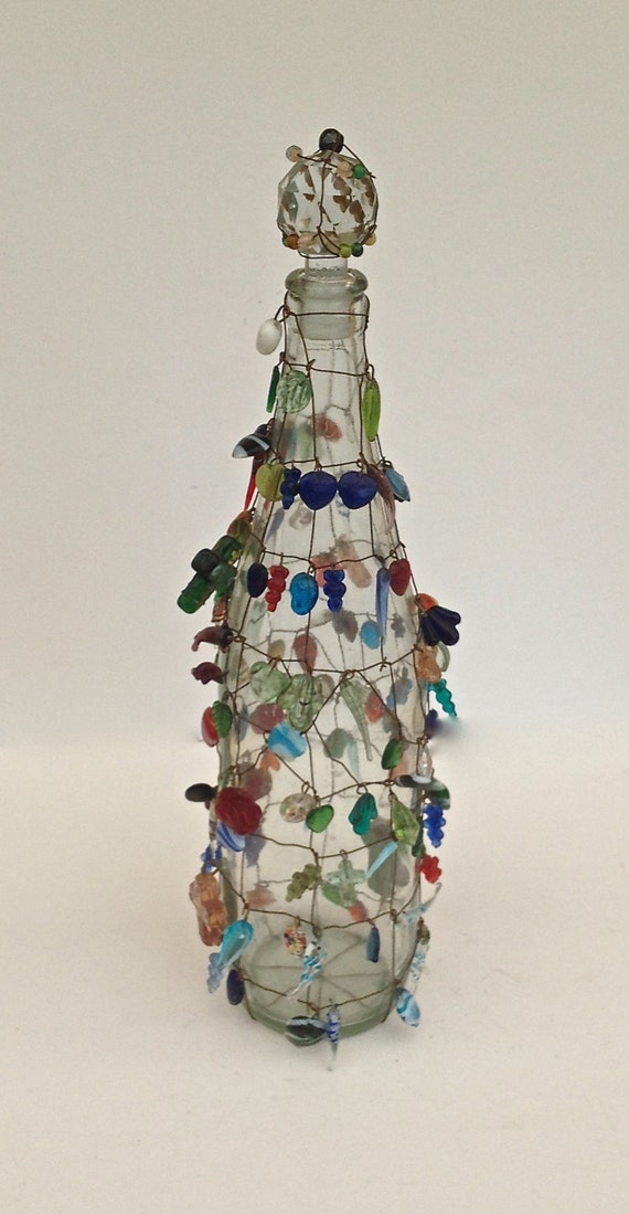 Beaded Bottle Decorated Vintage Glass Beads by TheBossyPlatypus
