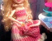 OOAK Ever after high/Monster high/la dee da : pink striped dress with matching drawstring purse.