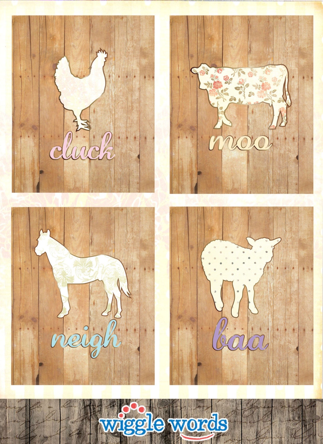 Vintage Farm Nursery Decor Shabby Chic Farm Animals Set of