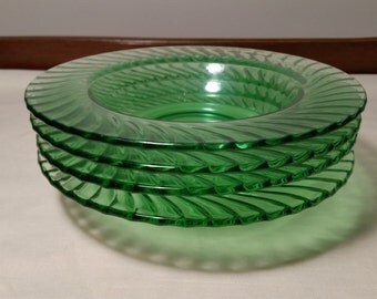 4 - Green Depression Glass Bowls in Swirl Pattern