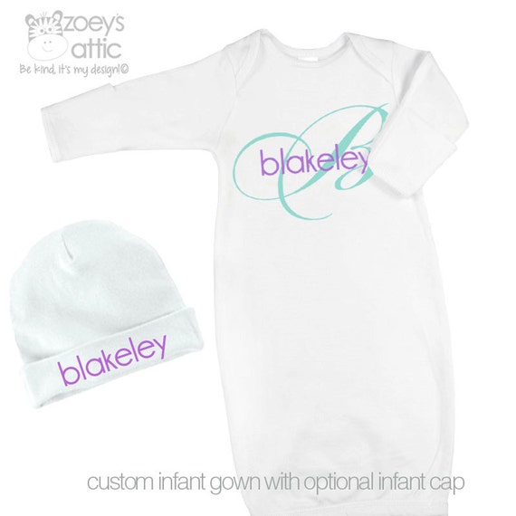 Infant gown and optional matching cap set personalized newborn