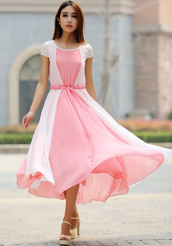 patchwork dress woman Pink white maxi dress custom by xiaolizi