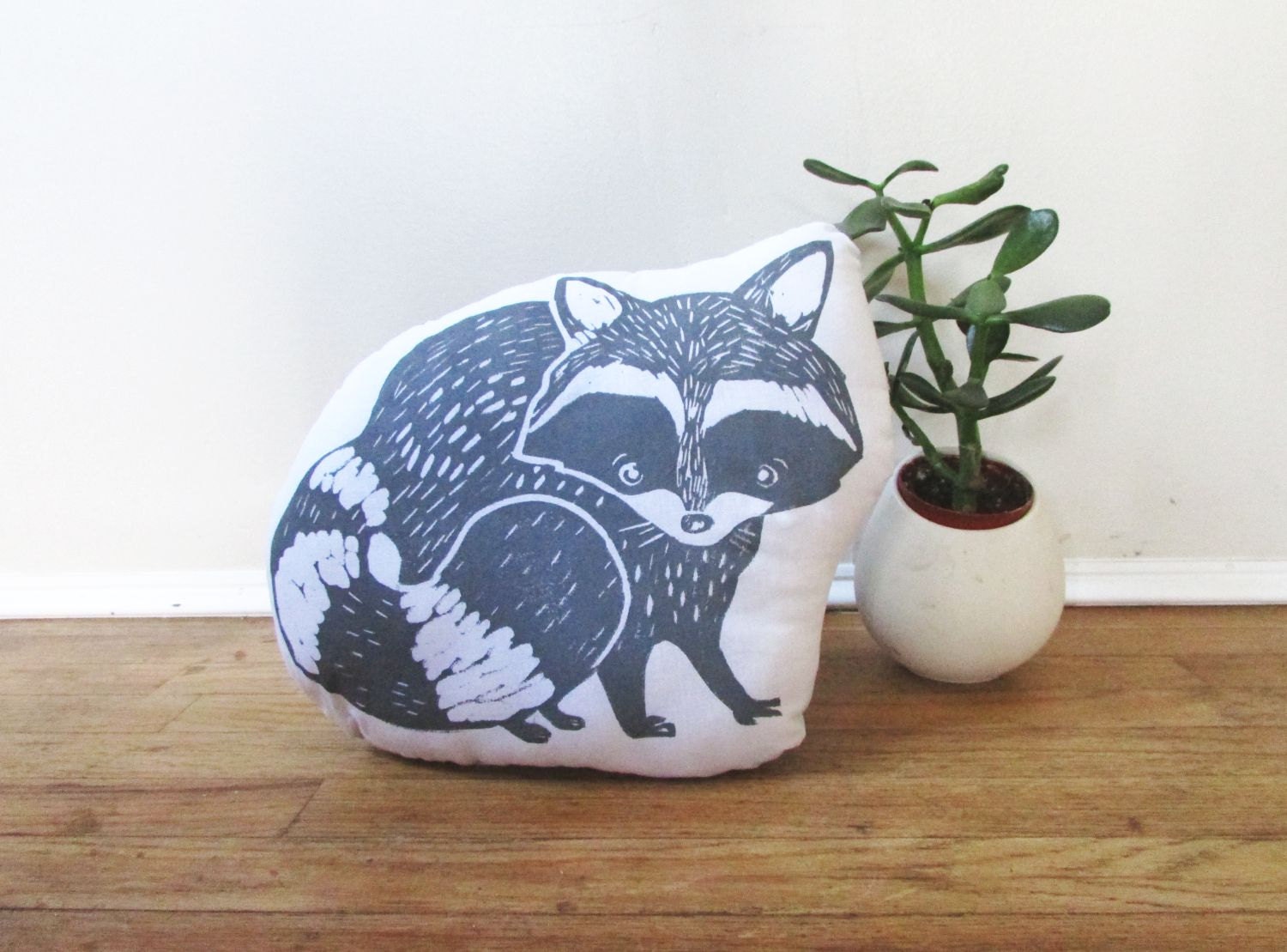 Plush Raccoon Pillow. Hand Woodblock Printed. Pick your