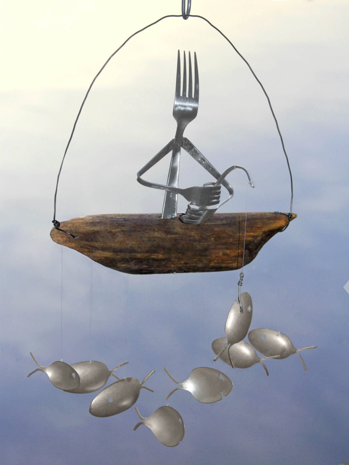 Fork Fisherman And Driftwood Dingy With Silver Spoon Fish Wind Fish Wind Chime Vintage Spoon Lure Zoom