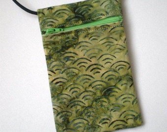 Pouch Zip Bag Olive Green BATIK Fabric. Great for walkers, markets, travel. Cell Phone Pouch. Small fabric purse.