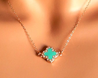 Clover Necklace Rose Gold Filled Women Jewelry Four Leaf Clover Pendant Aqua Blue Turquoise Clover Enamel