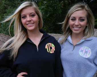 1/4 Zip sweatshirt with Lilly Pulitzer fabric round monogram applique in Oxford, Navy or Black
