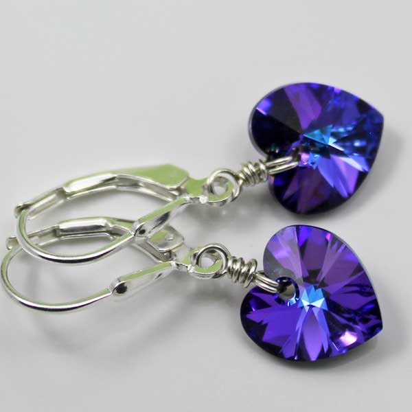 Purple Heart Earrings Swarovski Heliotrope Heart Earrings