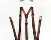 Brown Suspenders, brown leather suspenders, silver/gray bowtie set, Men's Suspenders, Barnyard Wedding, Groomsmen, Wedding Photography