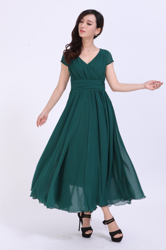 Items similar to Pleated Maxi Dress Jade Green Dress Summer Chiffon ...