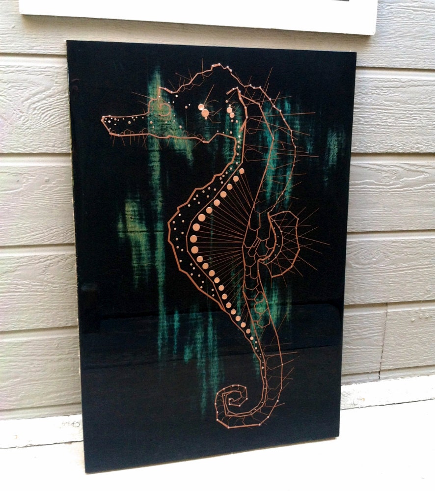 Seahorse Art Industrial Mixed Media in Copper and Blue Green Turquoise - Seahorse.