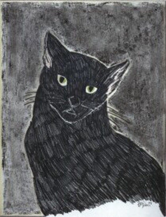 black cat colored pencil print from original drawing