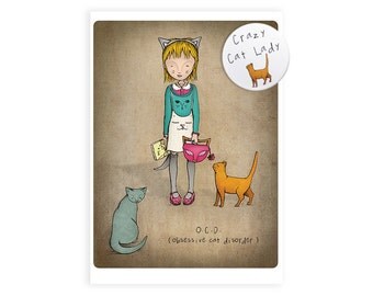 Crazy cat lady greetings card - crazy cat lady card and badge ocd obsessive cat disorder birthday