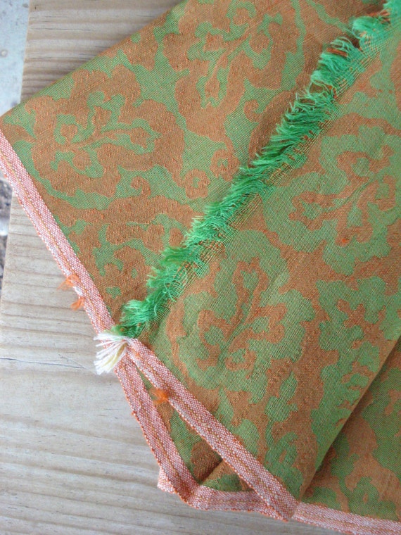 Vintage 1960s Damask Upholstery Fabric Orange and Green
