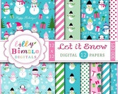 50% off LET IT SNOW digital scrapbook papers modern snowman, snowfamily, blue, pink, Christmas, winter Instant Download commercial use Il_170x135