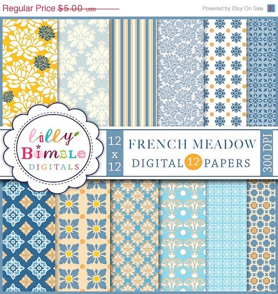 50% off INSTANT DOWNLOAD digital scrapbook papers French Meadow light blue, damask, elegant Il_570xn