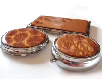 Purse accessories: compact mirror, business card case wallet, pill box; your choice - any or all; gold handcrafted polymer veneer decoration